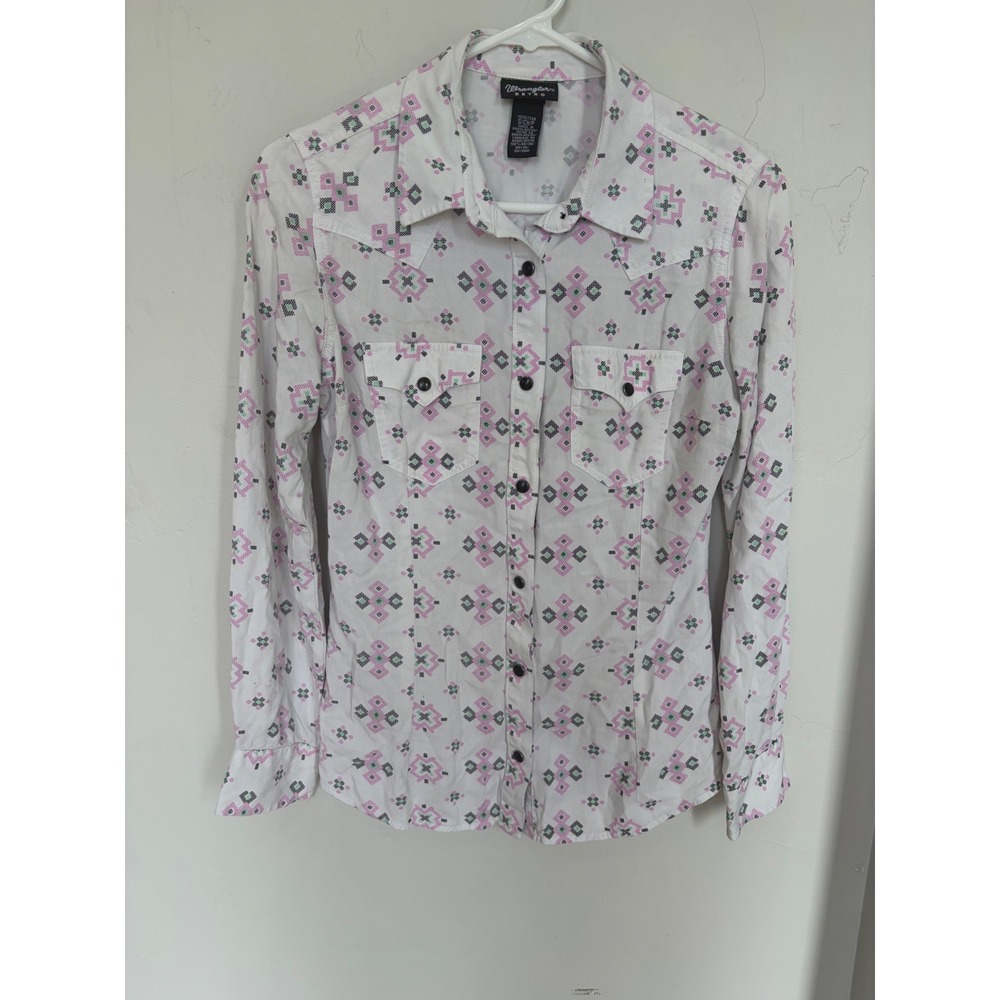 Wrangler Retro Womens Pink Geometric Western Snap Front Rayon Shirt Small